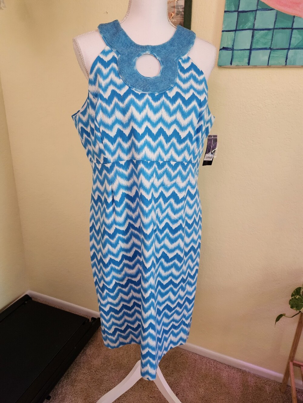 INC Blue Chevron Keyhole Neck Sleeveless Dress Sz 16